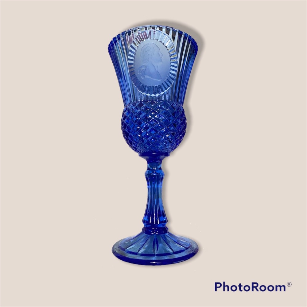 Blue Crystal Presidential Water Goblet, stands 8” tall